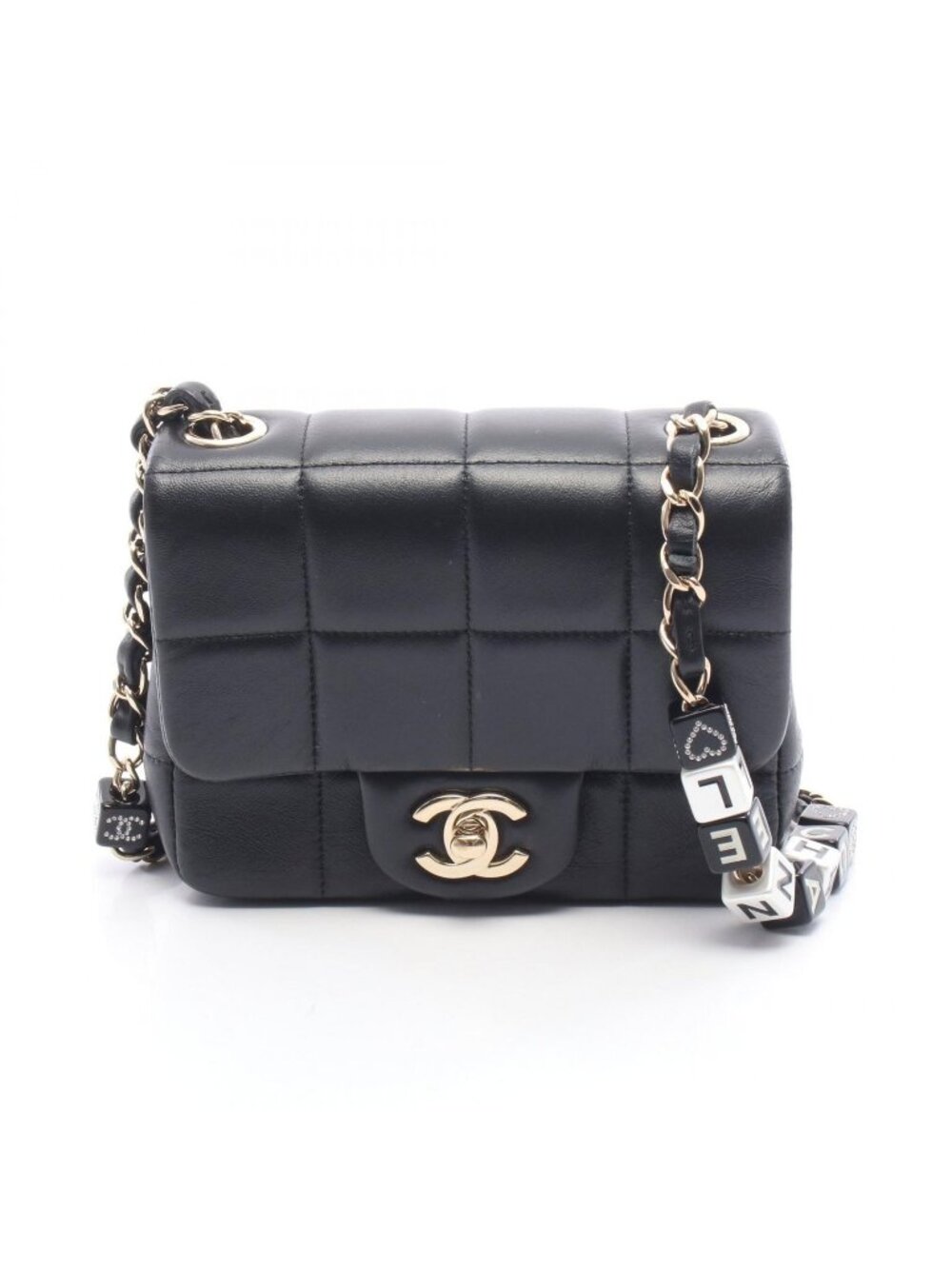 Chanel Shoulder Bag Choco Bar Mini Flap Black Leather Mini Chain